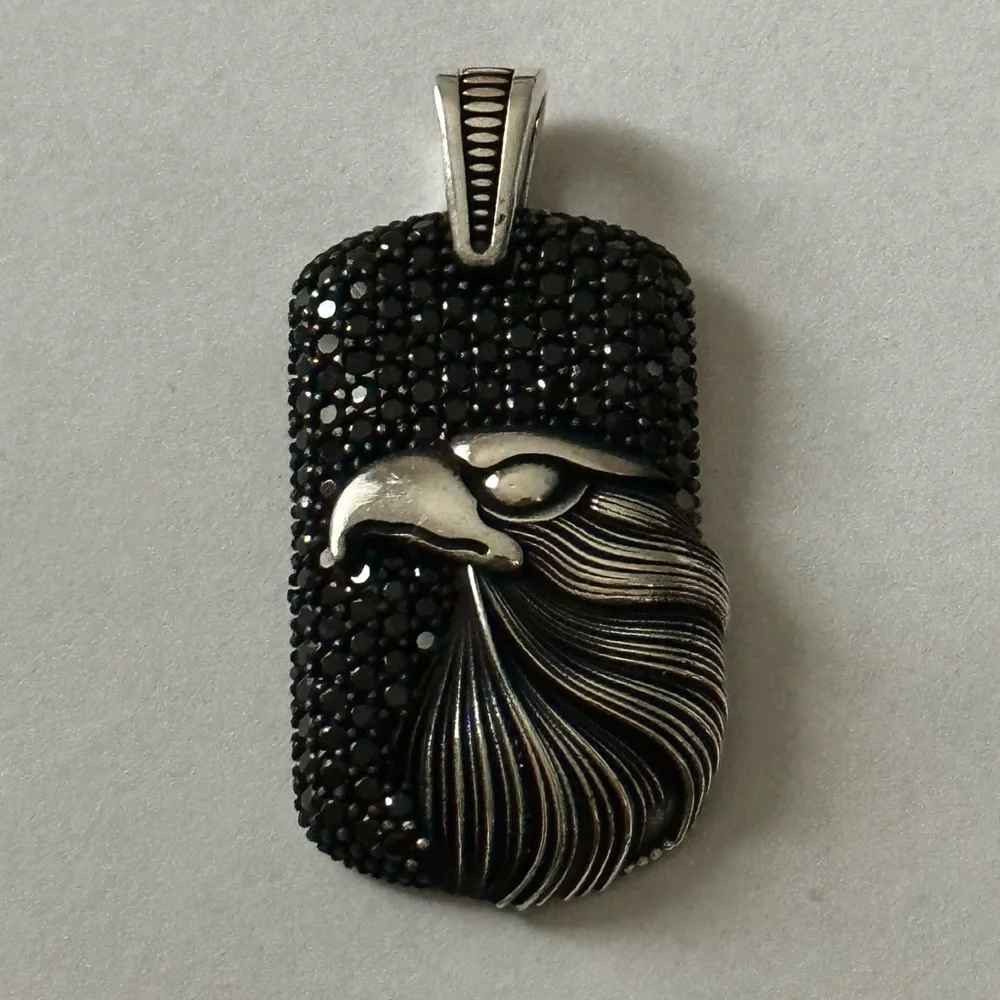 925 Silver eagle rectangle pendant black cubic zirconia cz stones unisex